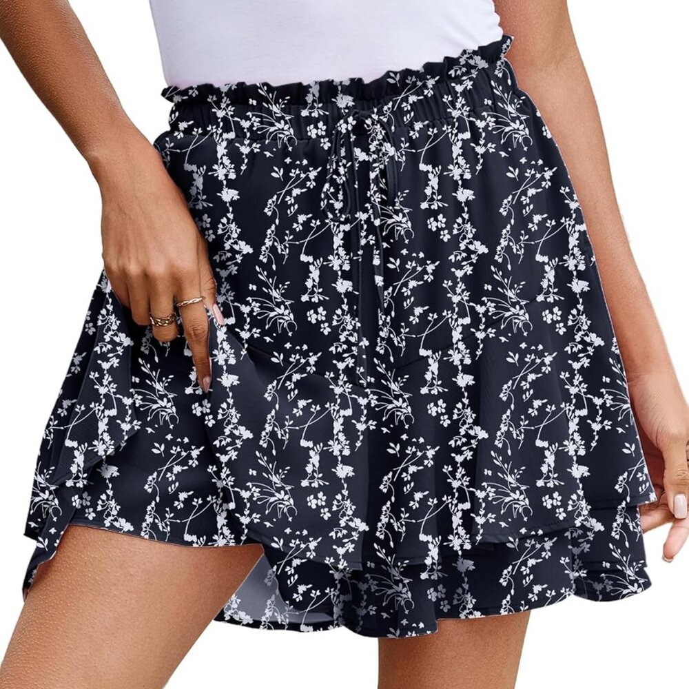 Womens Skorts Floral Ruffled Chiffon Flowy Shorts Summer Flared Mini Skirts